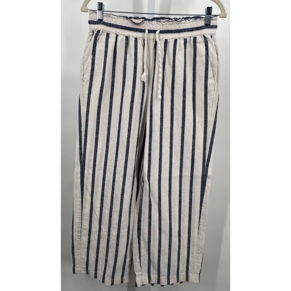 J. Crew Pants - J Crew Women's Wide Leg White/Navy Striped Linen/Cotton Blend Pants size 6 - EUC